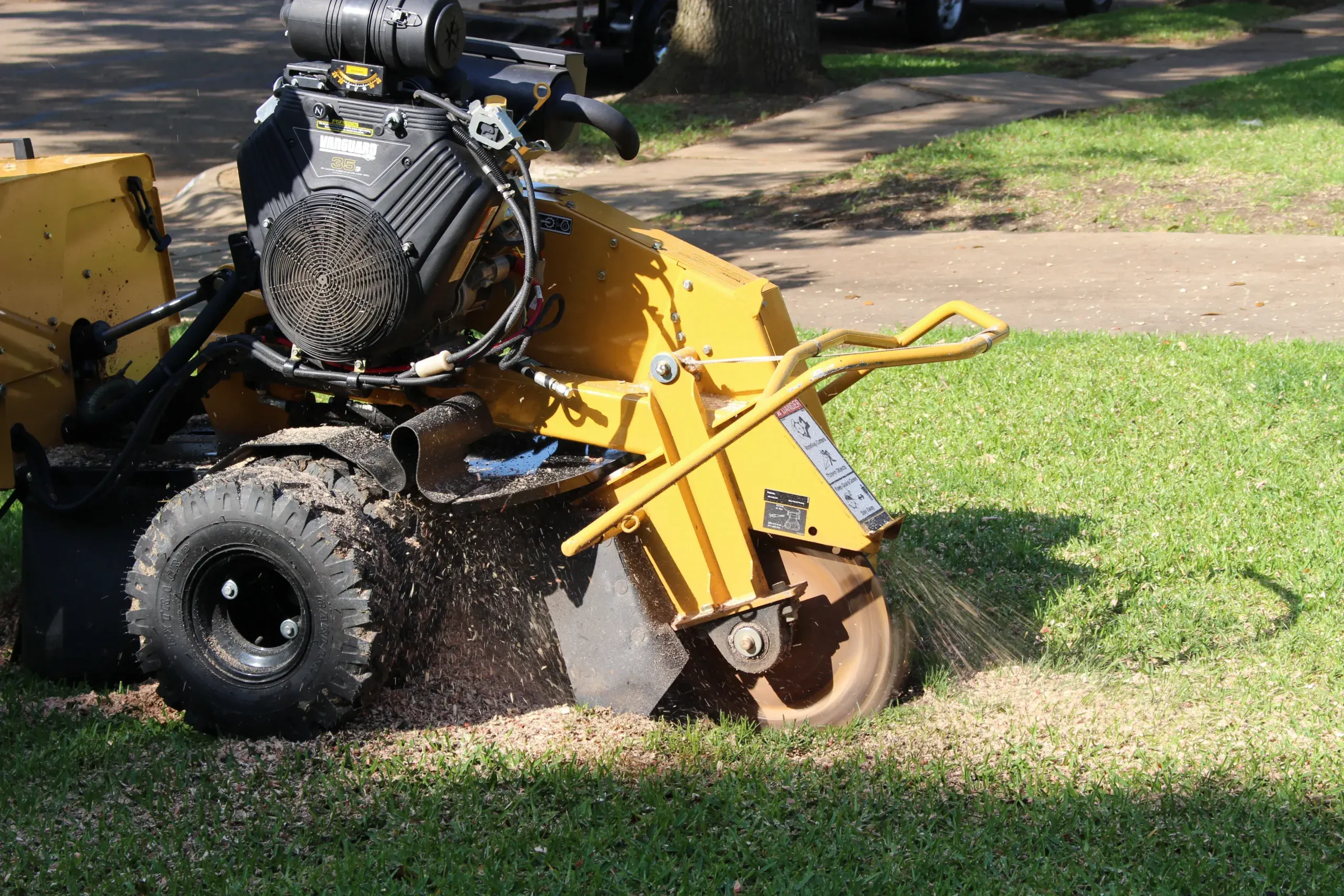 Walk-behind stump grinder working a stump in a residential yard